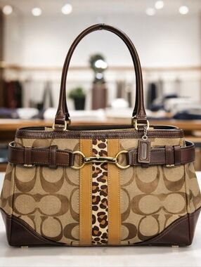 Coach Hamptons Signature Stripe Leopard Satchel | Brown Canvas Leather Horsebit
